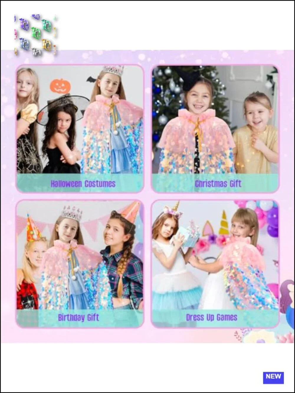 Mermaid Cape Dress Up Costume for Girls Ages 3-8 with Accessories, Halloween,